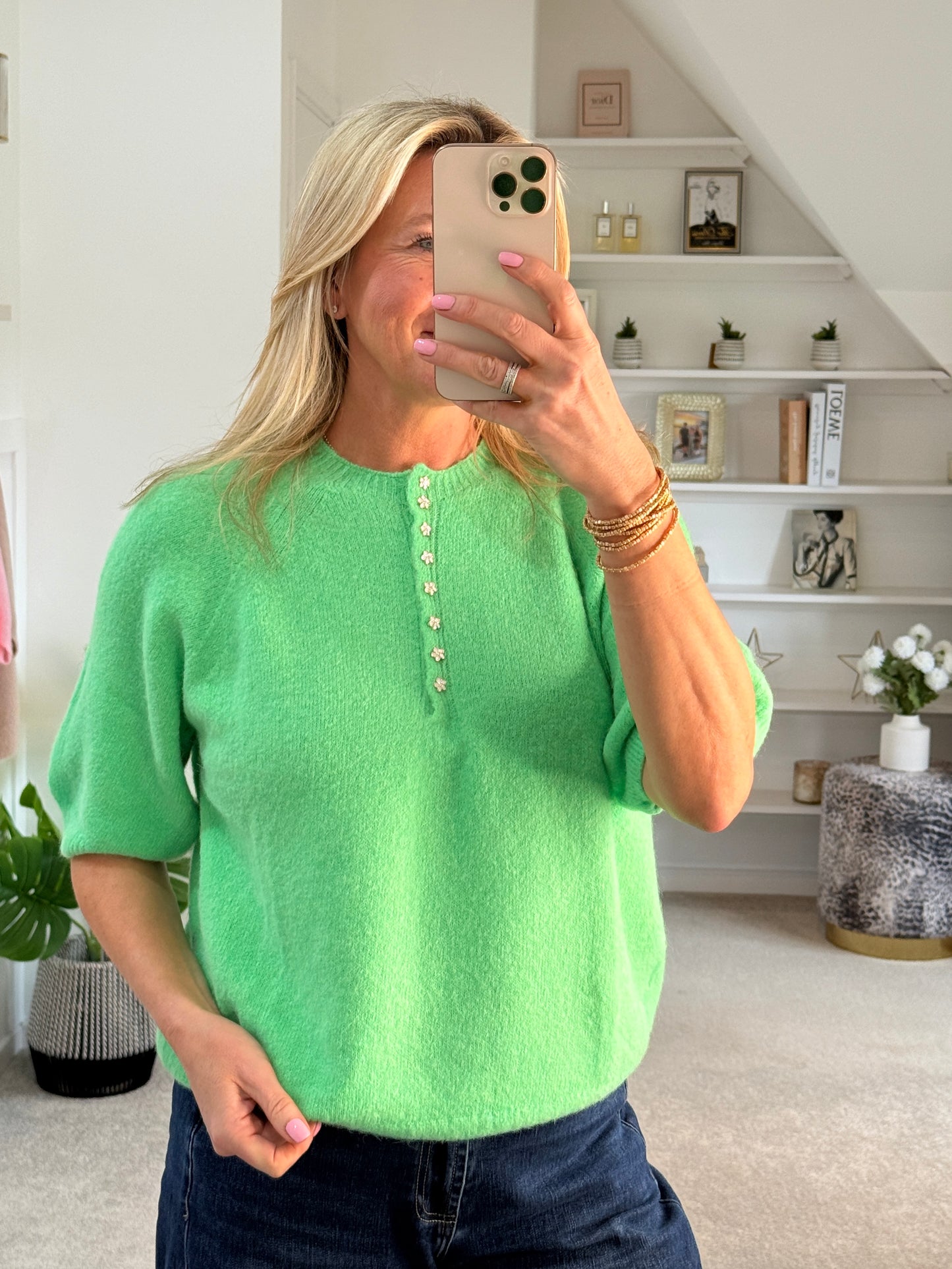 French Blue Alpaca Mix Diamanté Button Jumper