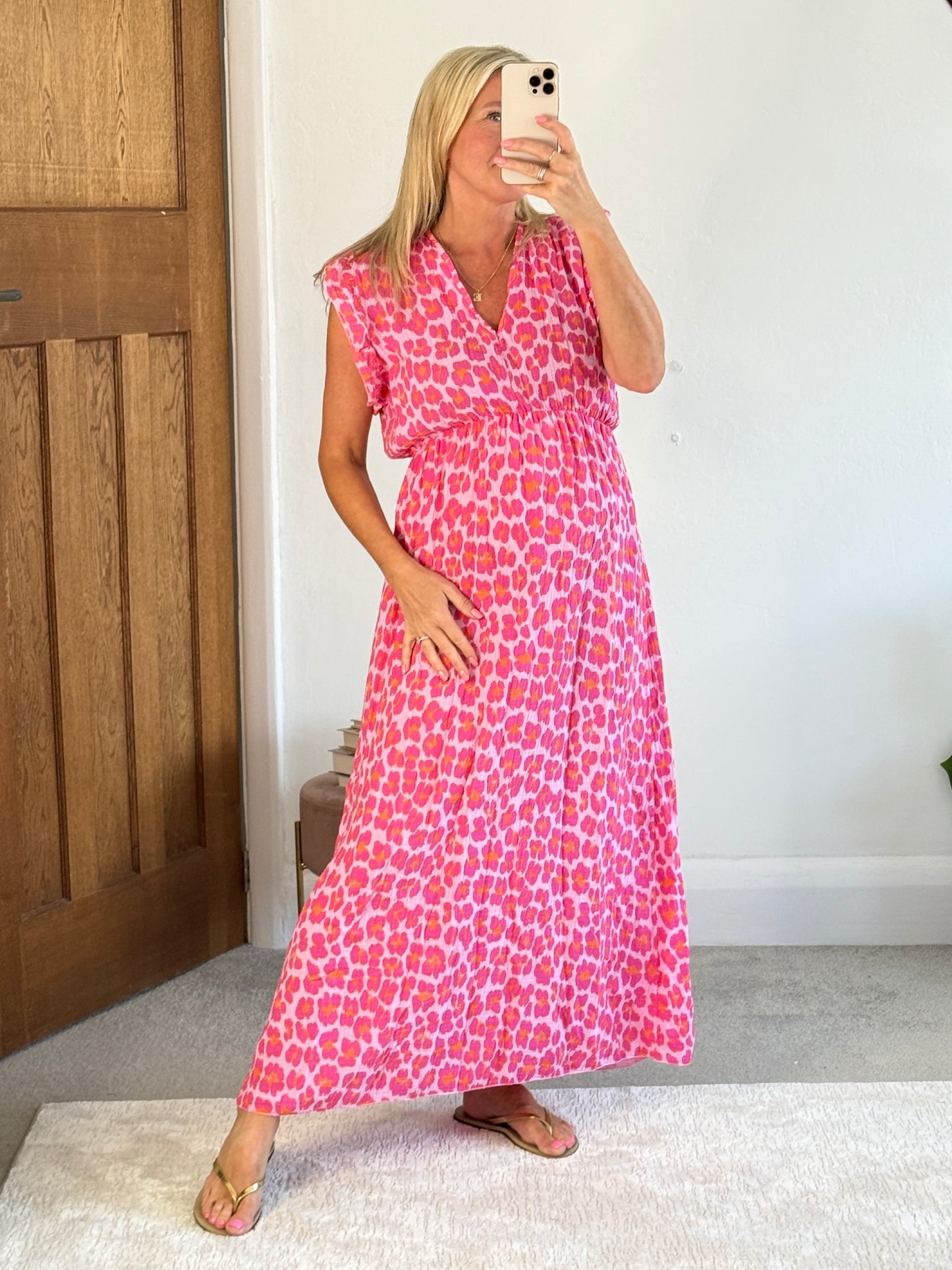 Cream Leopard Print Frill Sleeve Maxi Dress
