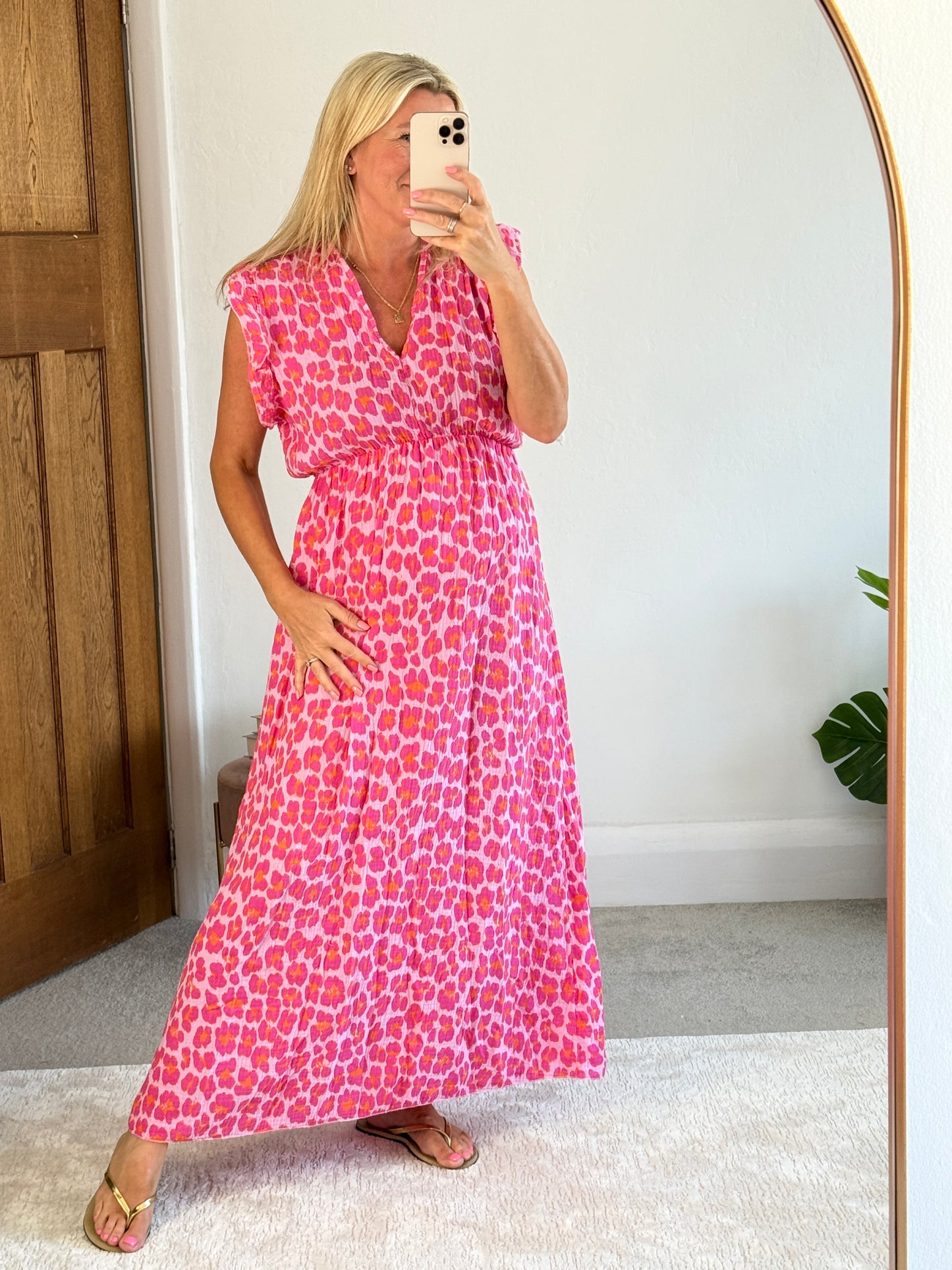 Cream Leopard Print Frill Sleeve Maxi Dress