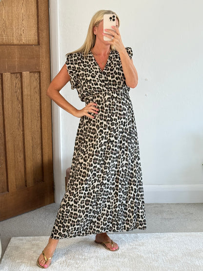 Pink/Orange Leopard Print Frill Sleeve Maxi Dress