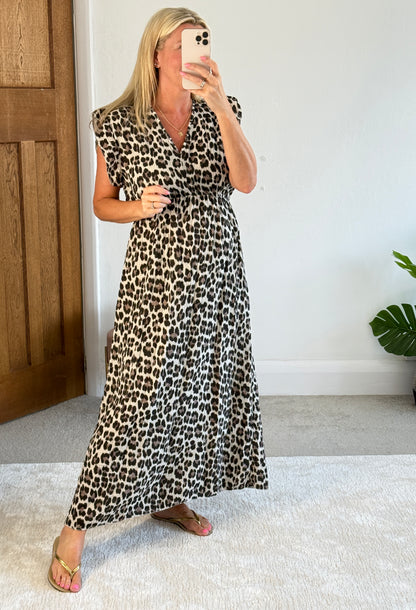 Cream Leopard Print Frill Sleeve Maxi Dress