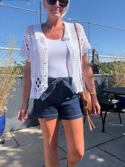 Madison Dark Blue Tie Belt Denim Shorts