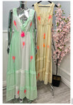 Mint/Neon Pink Ruffle Neck Palm Grecian Dress