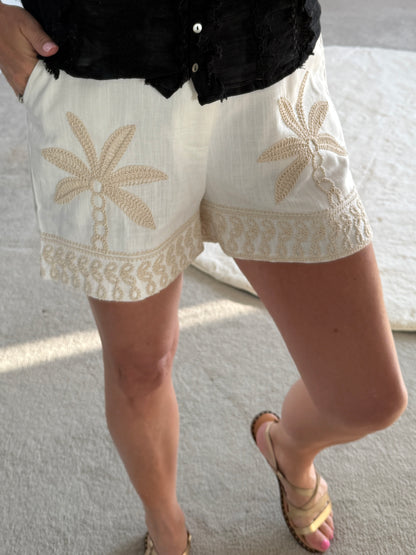 Cream Palm Tree Crochet Linen Mix Shorts