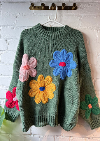 Khaki Embroidered Flower Chunky Jumper