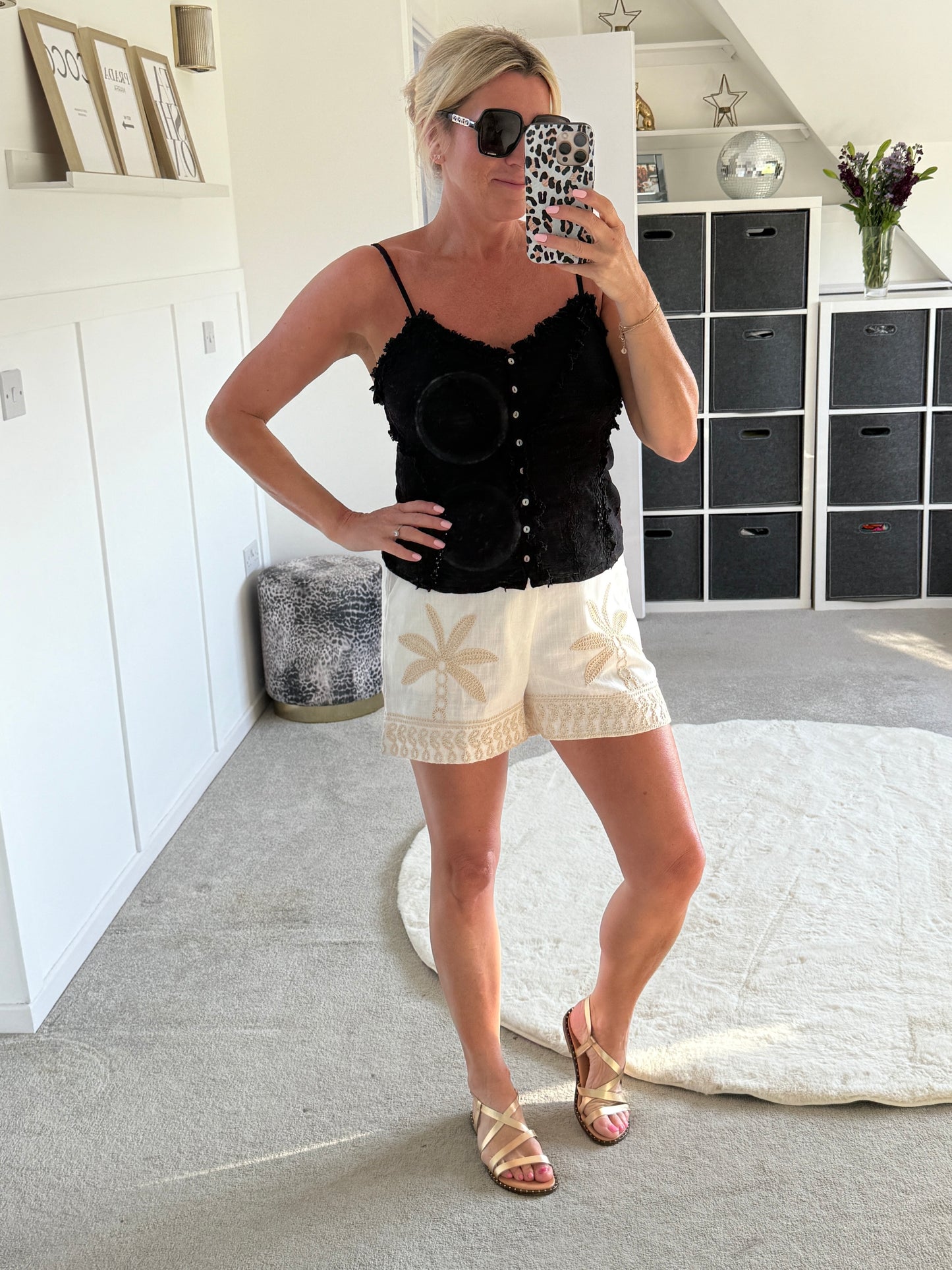 Cream Palm Tree Crochet Linen Mix Shorts