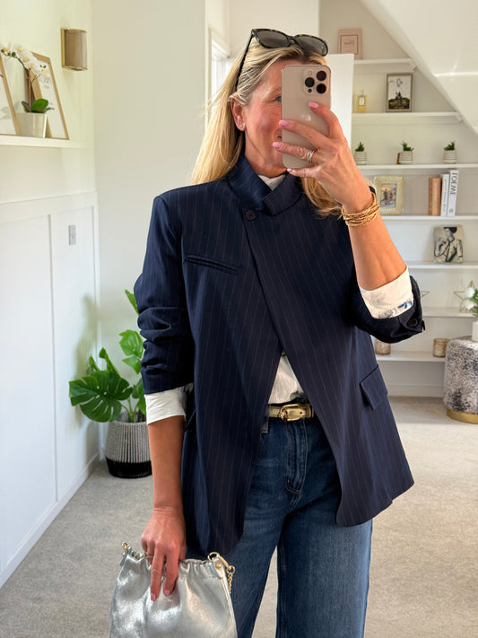 Navy Single Button Pinstripe Blazer