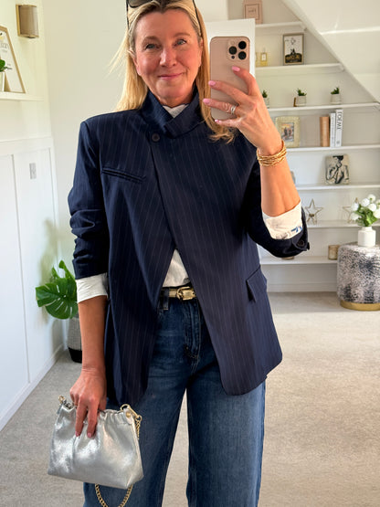 Navy Single Button Pinstripe Blazer