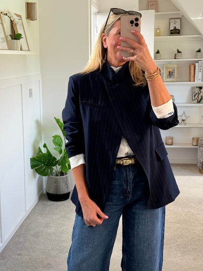 Navy Single Button Pinstripe Blazer