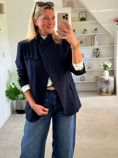 Navy Single Button Pinstripe Blazer