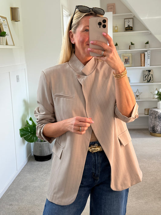 Taupe Single Button Pinstripe Blazer