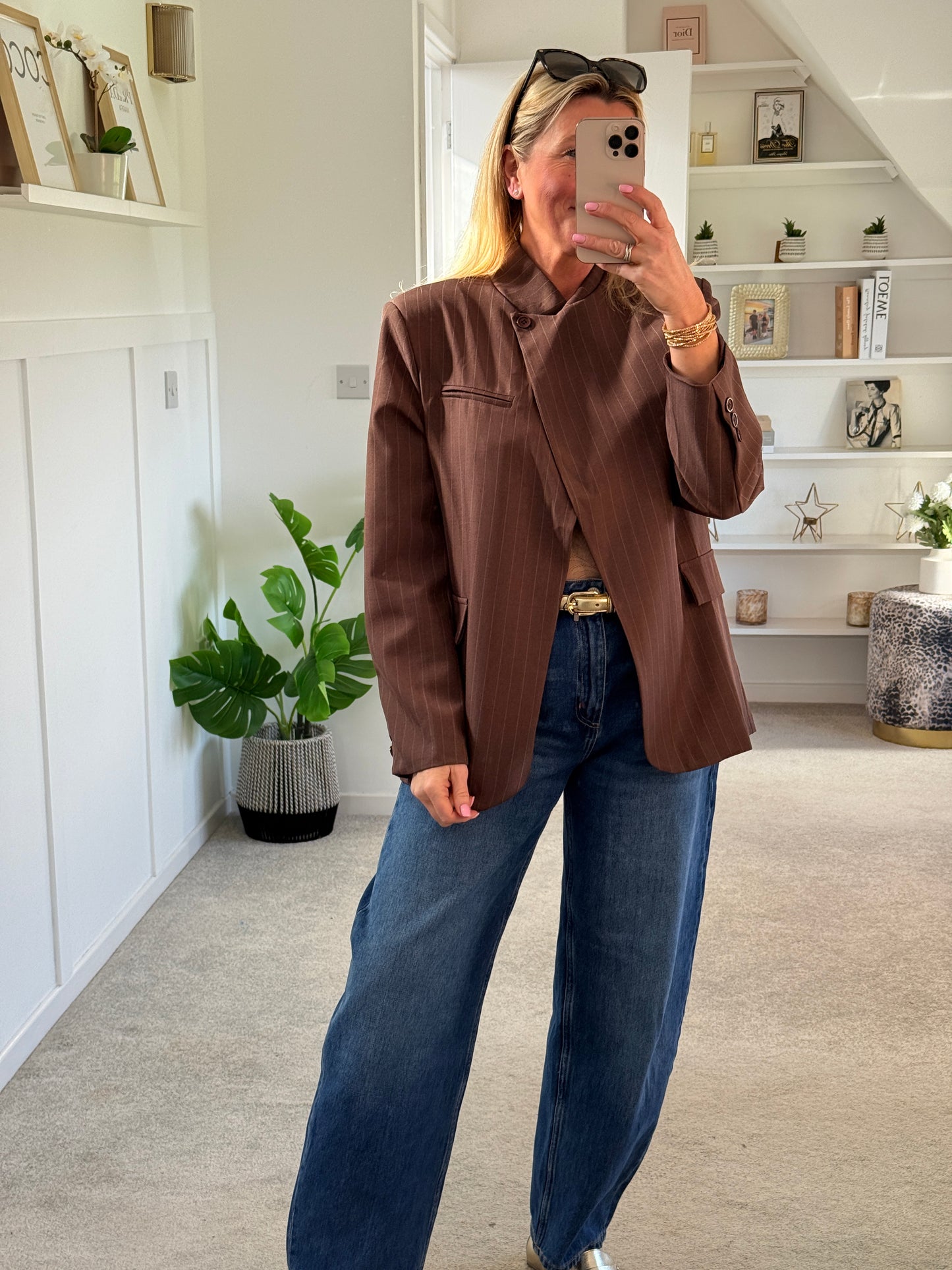 Brown Single Button Pinstripe Blazer