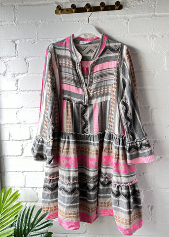 Pink/Grey Aztec Print Short Cotton Dress