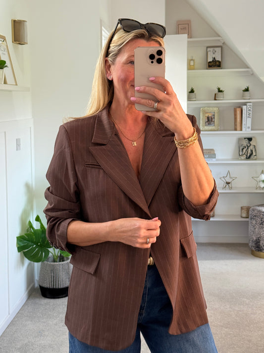 Brown Single Button Pinstripe Blazer
