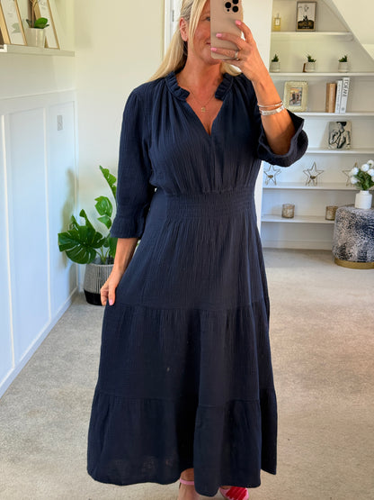 Powder Blue Cotton Cheesecloth V-Neck Tiered Dress