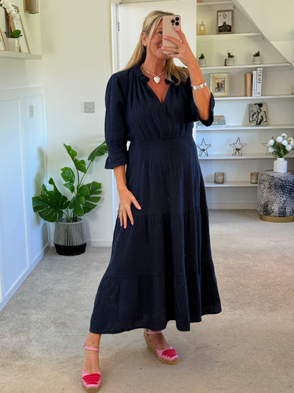 Powder Blue Cotton Cheesecloth V-Neck Tiered Dress