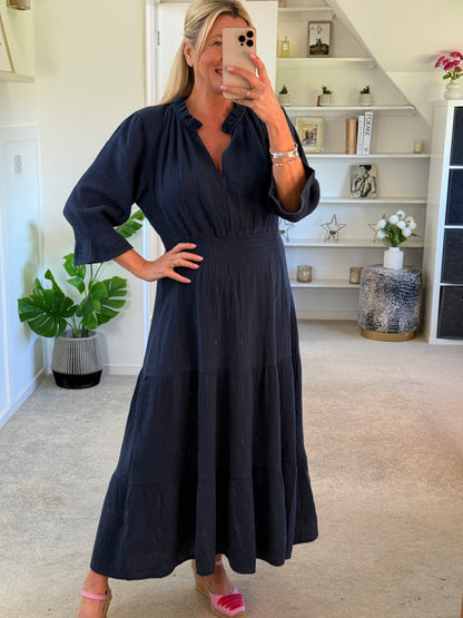 Powder Blue Cotton Cheesecloth V-Neck Tiered Dress