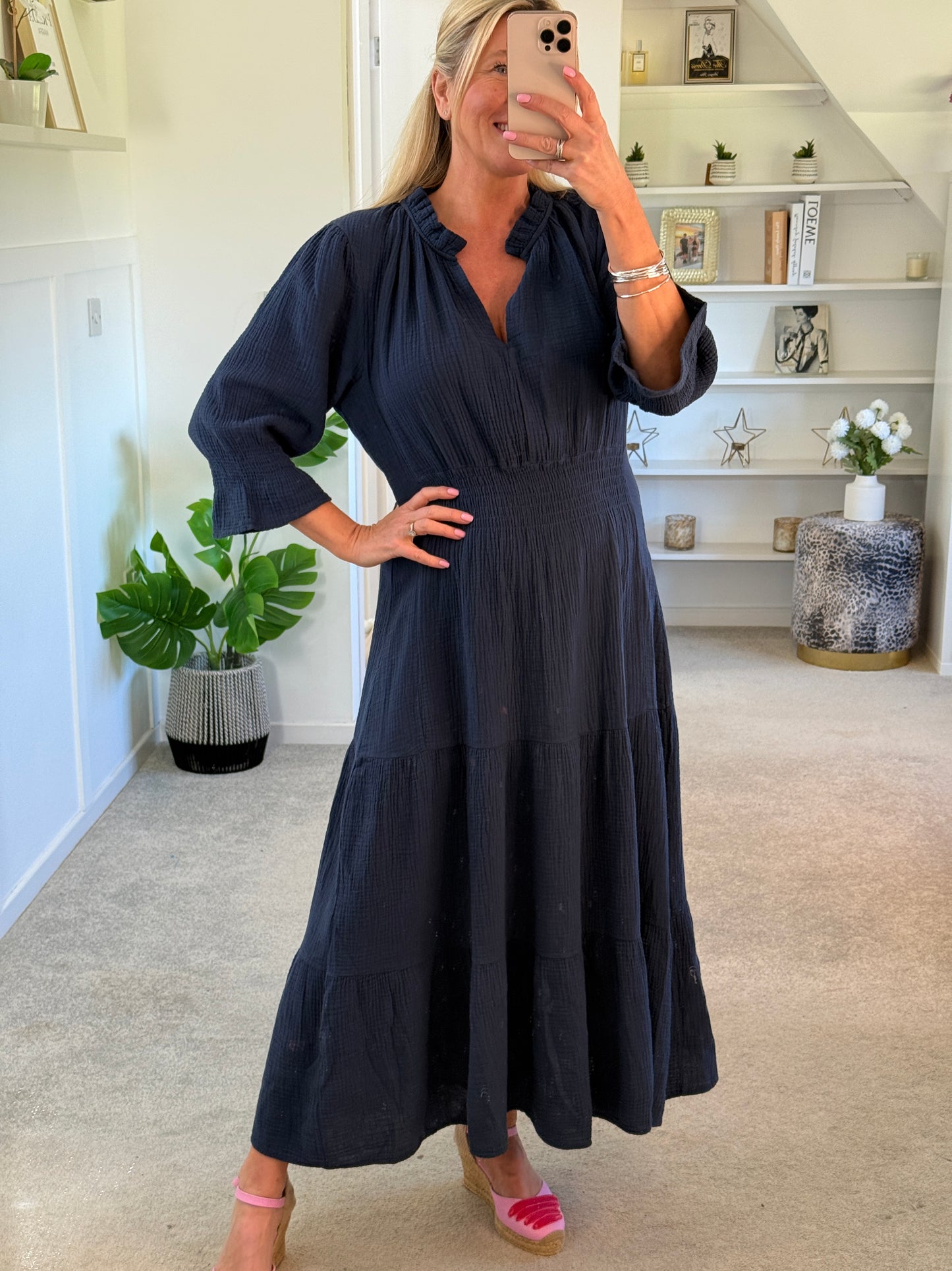 Powder Blue Cotton Cheesecloth V-Neck Tiered Dress