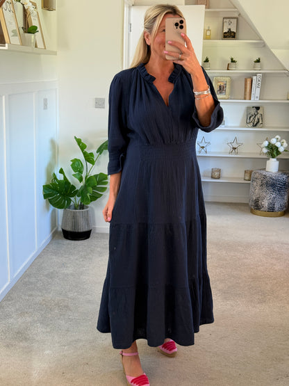 Powder Blue Cotton Cheesecloth V-Neck Tiered Dress