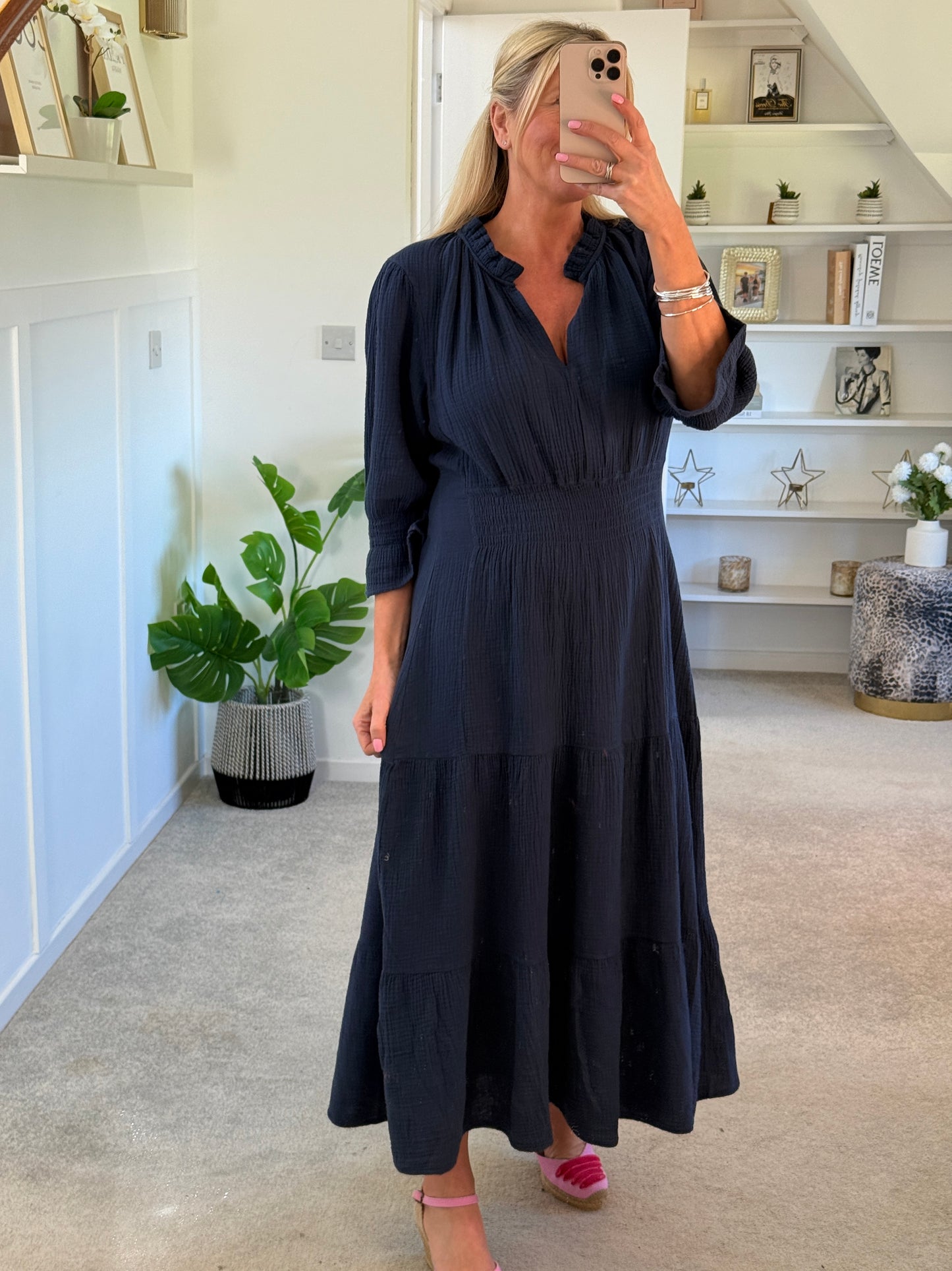 Powder Blue Cotton Cheesecloth V-Neck Tiered Dress