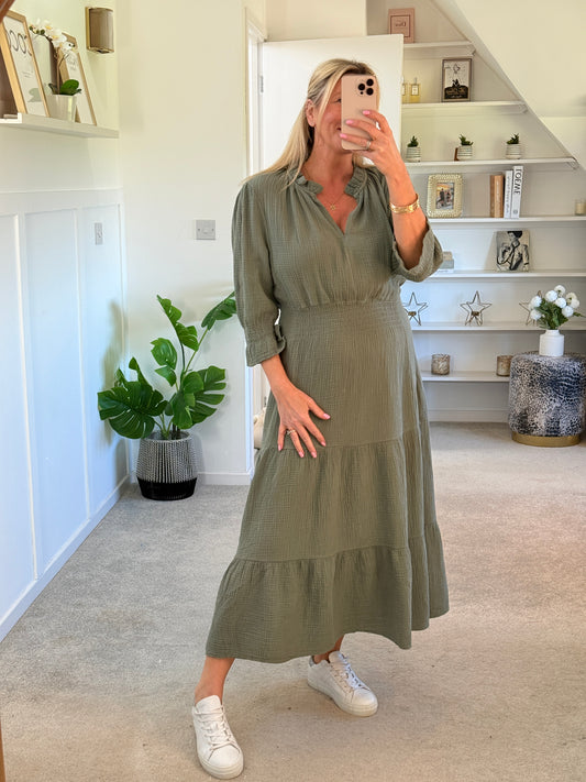 Khaki Cotton Cheesecloth V-Neck Tiered Dress