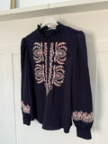 Navy High Neck Embroidered Blouse