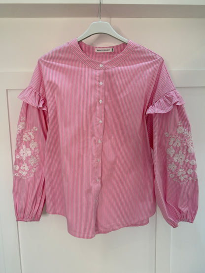 Blue Pinstripe Embroidered Sleeve Shirt