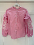 Pink Pinstripe Embroidered Sleeve Shirt