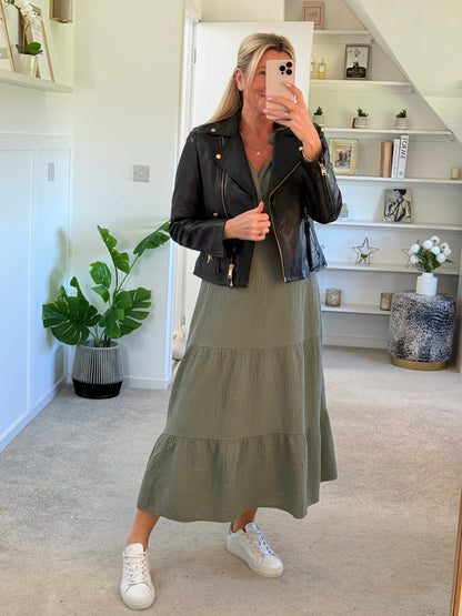 Khaki Cotton Cheesecloth V-Neck Tiered Dress