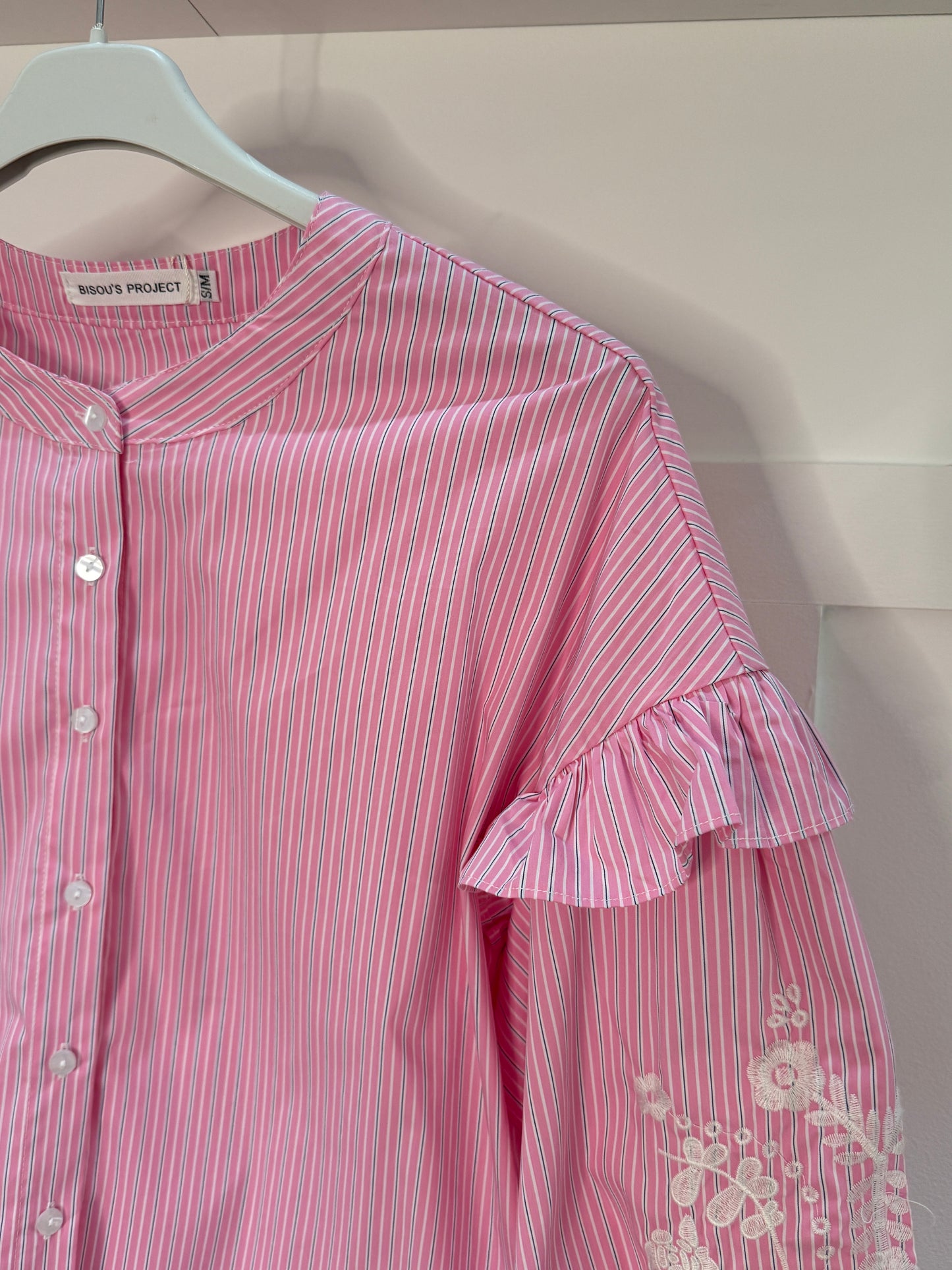 Blue Pinstripe Embroidered Sleeve Shirt