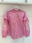 Pink Pinstripe Embroidered Sleeve Shirt