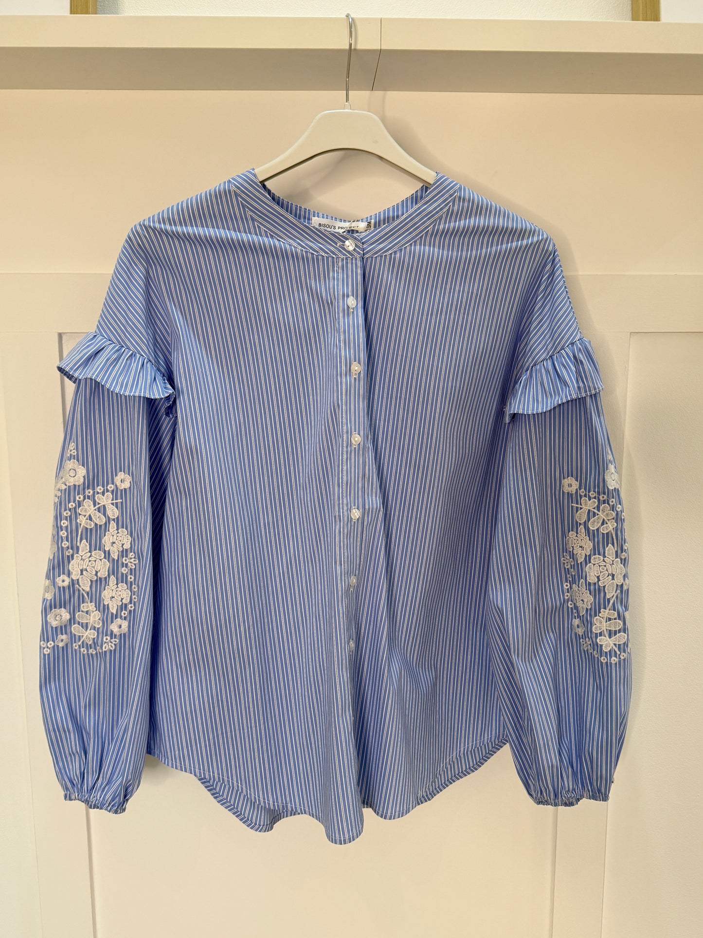 Blue Pinstripe Embroidered Sleeve Shirt