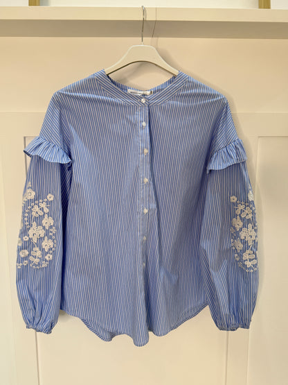 Blue Pinstripe Embroidered Sleeve Shirt