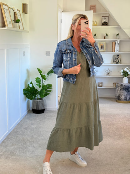 Powder Blue Cotton Cheesecloth V-Neck Tiered Dress