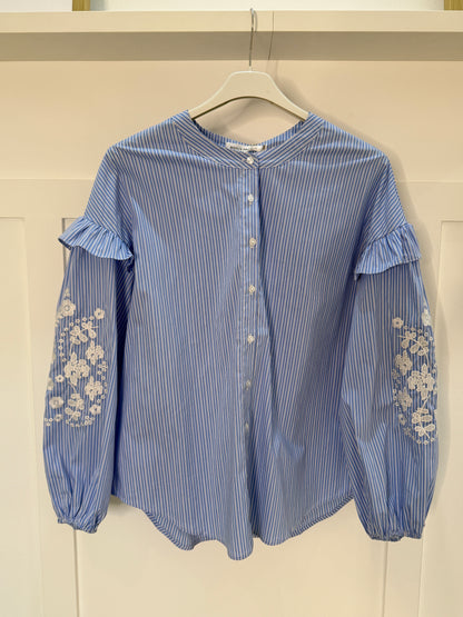 Blue Pinstripe Embroidered Sleeve Shirt