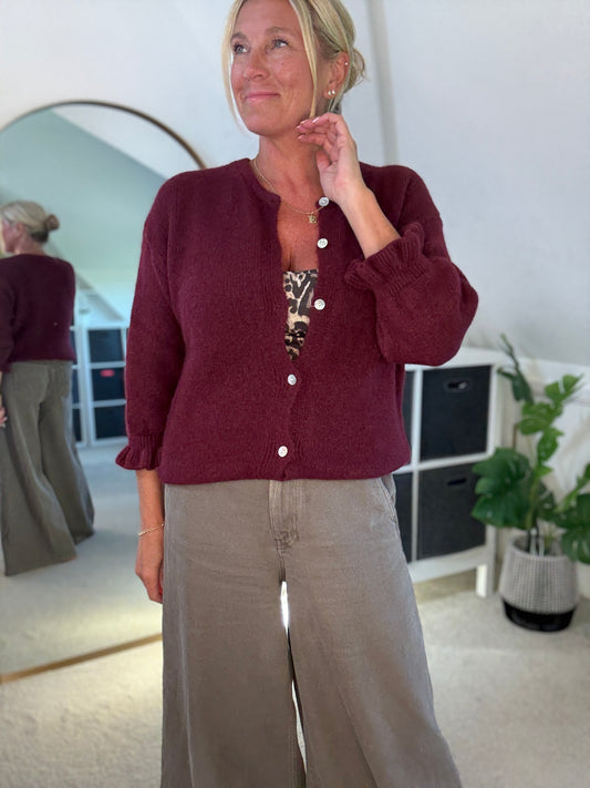Burgundy Alpaca Mix Frill Sleeve Cardigan