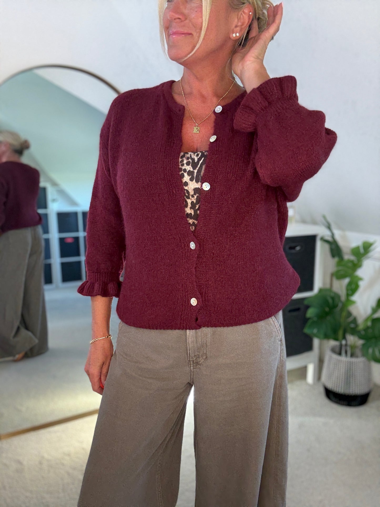 Burgundy Alpaca Mix Frill Sleeve Cardigan