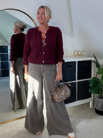 Burgundy Alpaca Mix Frill Sleeve Cardigan