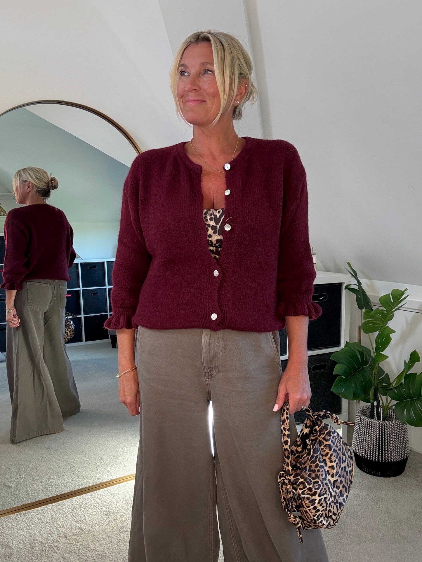 Burgundy Alpaca Mix Frill Sleeve Cardigan