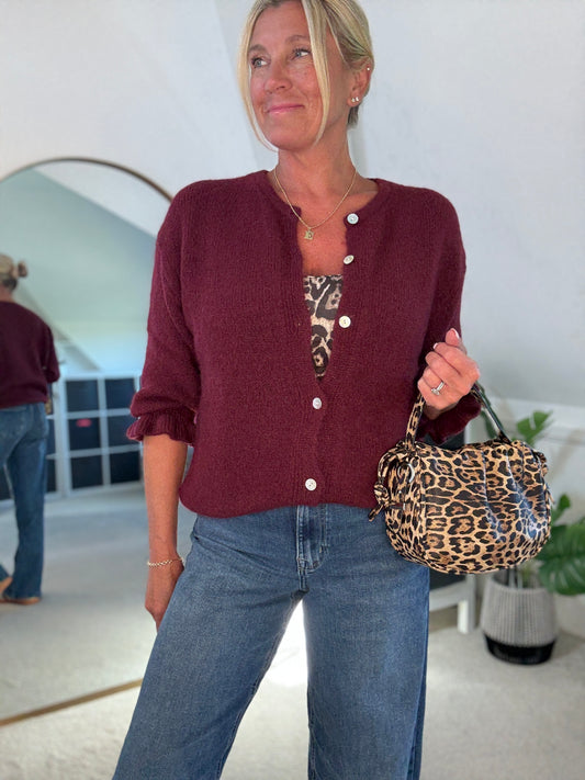 Burgundy Alpaca Mix Frill Sleeve Cardigan