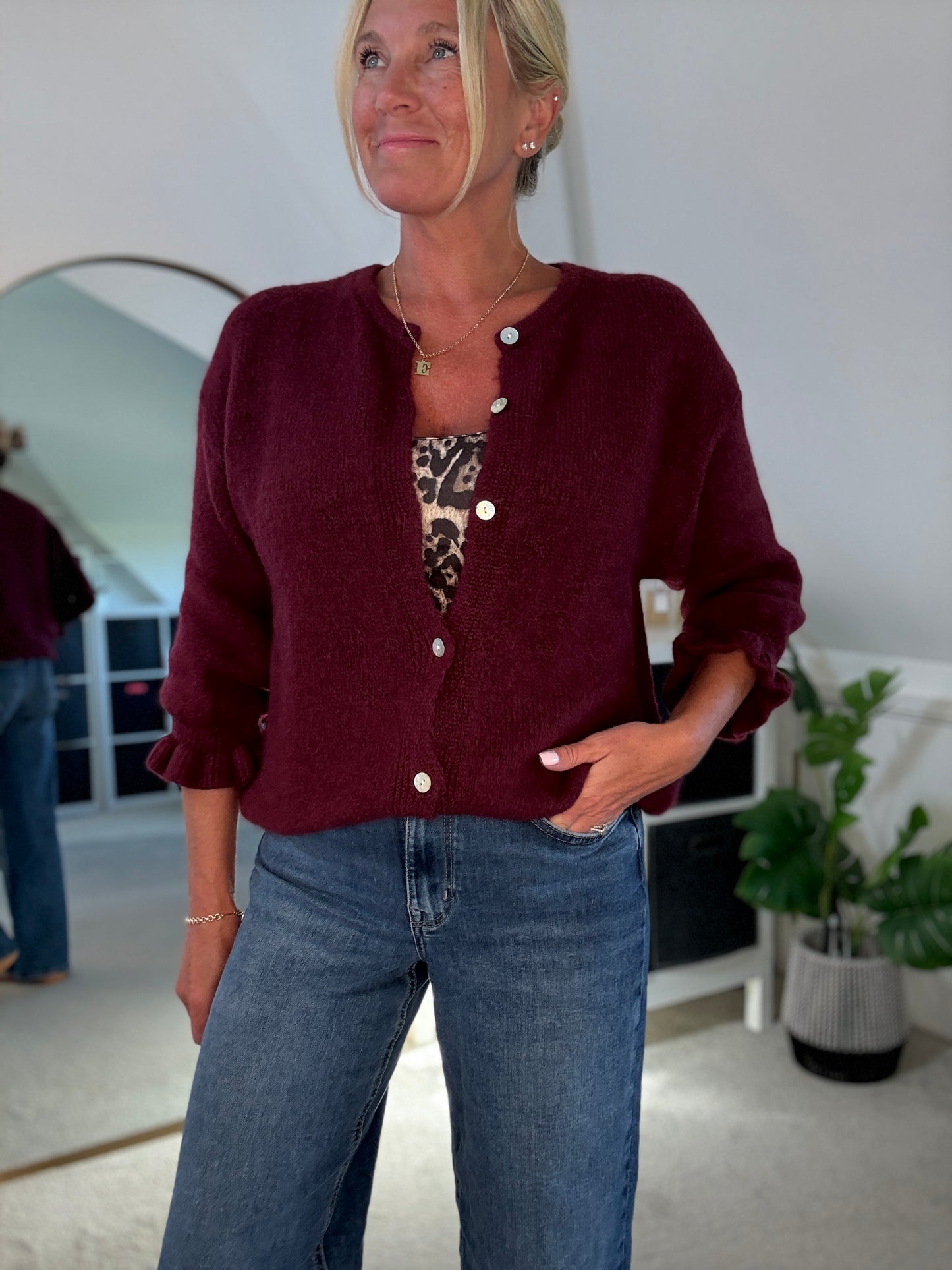 Burgundy Alpaca Mix Frill Sleeve Cardigan