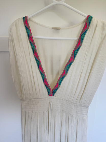 White Embroidered V Neck Grecian Maxi Dress