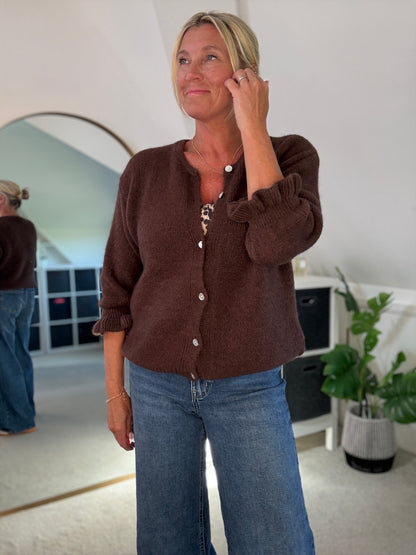 Chocolate Alpaca Mix Frill Sleeve Cardigan