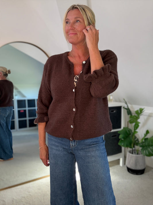 Chocolate Alpaca Mix Frill Sleeve Cardigan