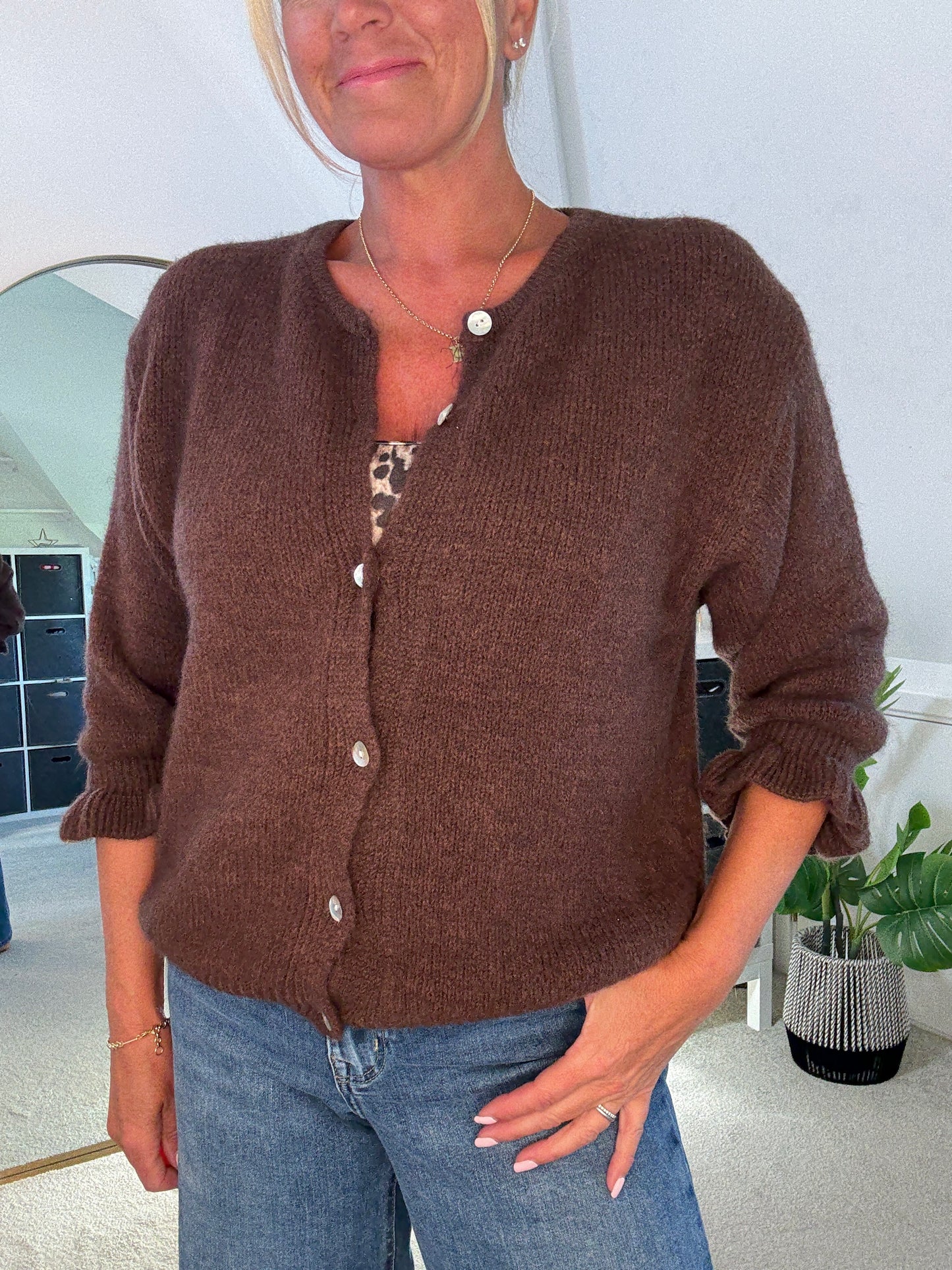 Chocolate Alpaca Mix Frill Sleeve Cardigan
