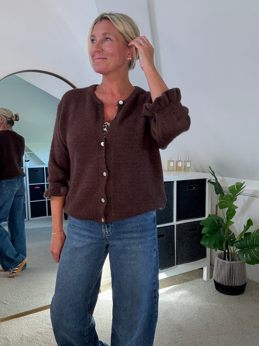 Chocolate Alpaca Mix Frill Sleeve Cardigan