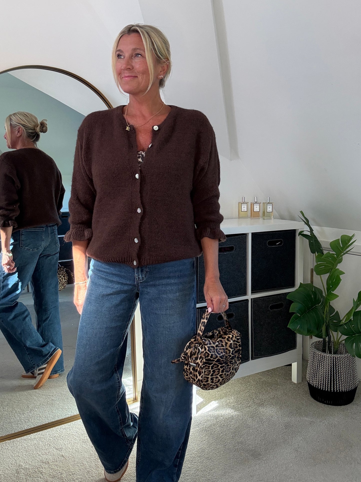Chocolate Alpaca Mix Frill Sleeve Cardigan