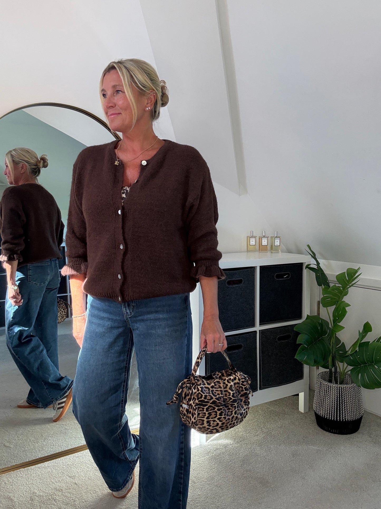 Chocolate Alpaca Mix Frill Sleeve Cardigan