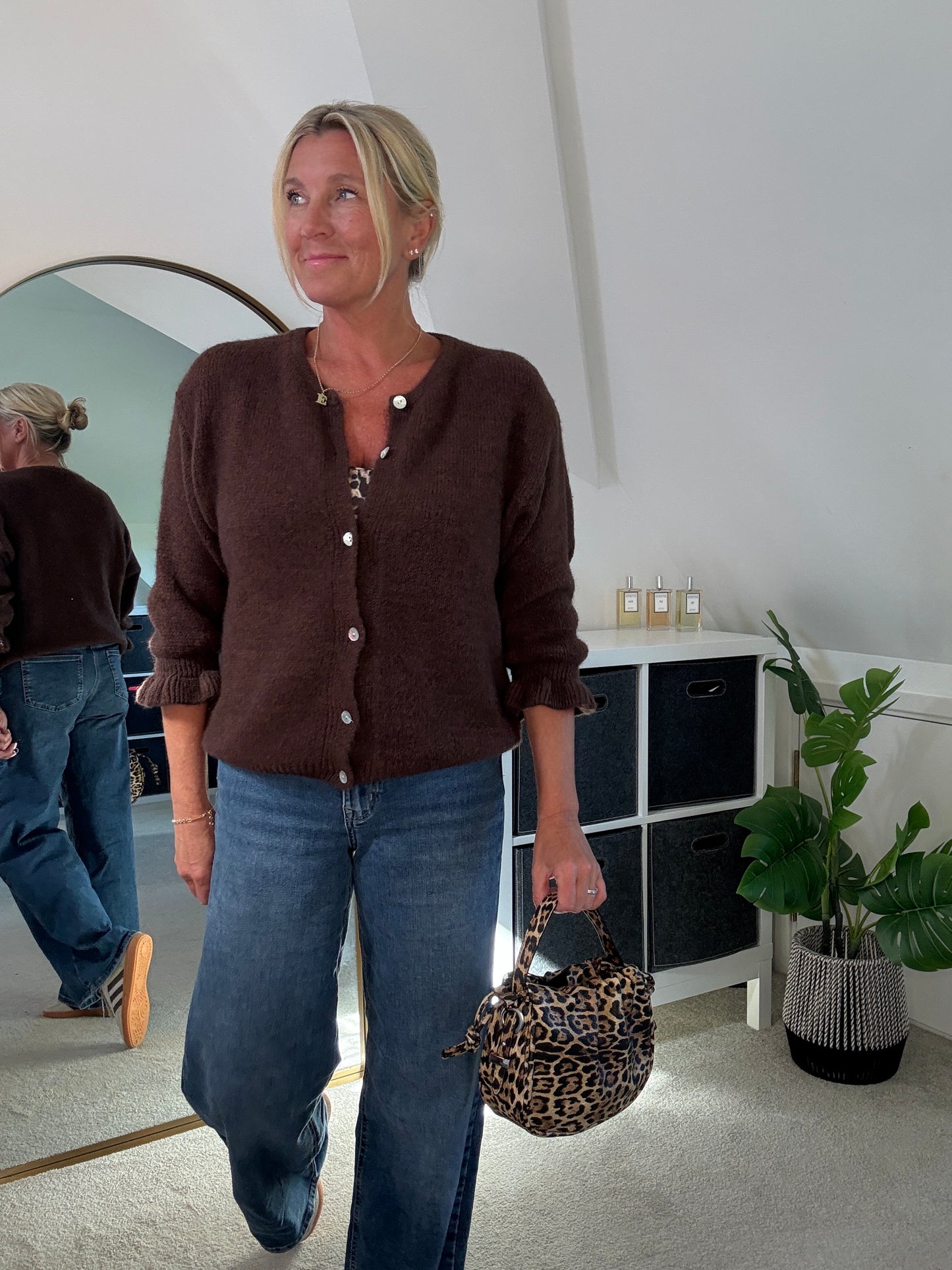 Chocolate Alpaca Mix Frill Sleeve Cardigan