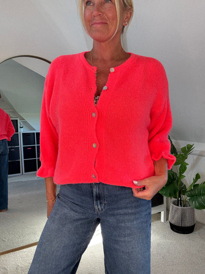 Neon Coral Alpaca Mix Frill Sleeve Cardigan